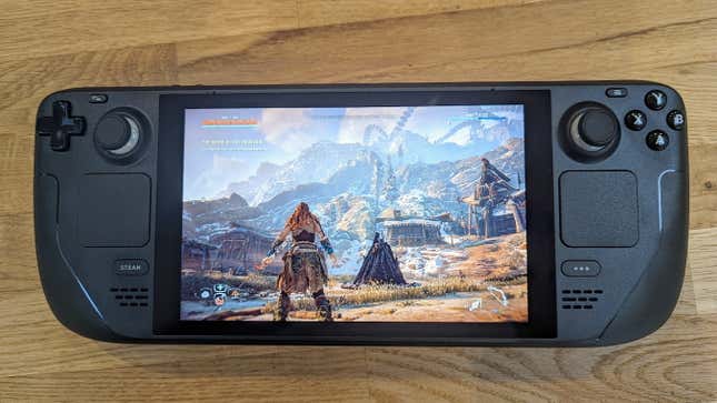 A Steam Deck playing Horizon Zero Dawn, viewed from above.