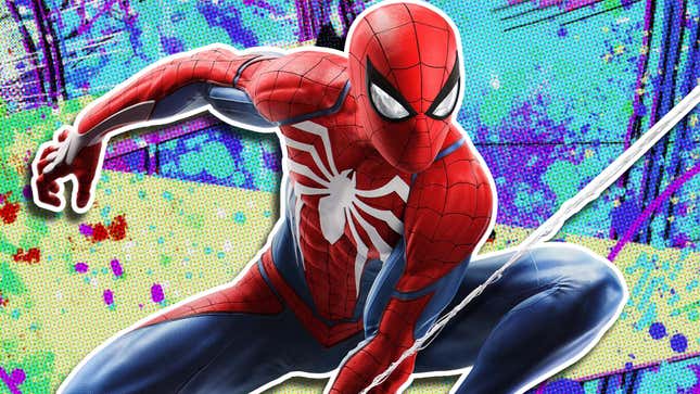 Spider-Man from the PS4 version of the game swings in front of a colorful background. 