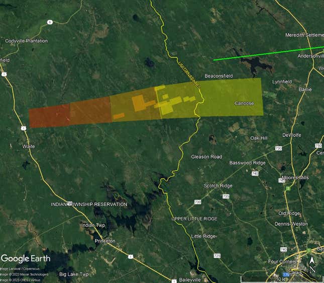 Map image of estimated meteorite strewn field