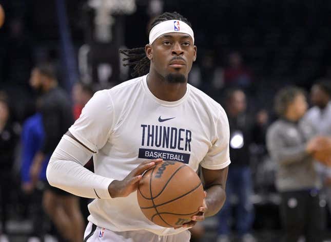Mar 23, 2023; Los Angeles, California, USA; Oklahoma City Thunder guard Luguentz Dort (5) warms up prior to the game against the Los Angeles Clippers at Crypto.com Arena.