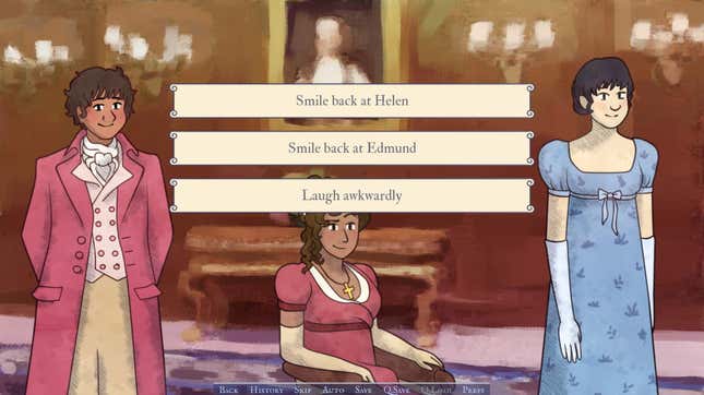 Three characters in the Northanger Abbey dating sim stand in a parlor room as options to either laugh or smile are displayed on the screen.