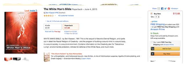 “Glad someone would stand for truth and loved his race like others do,” says one of 42 customer reviews on Amazon.