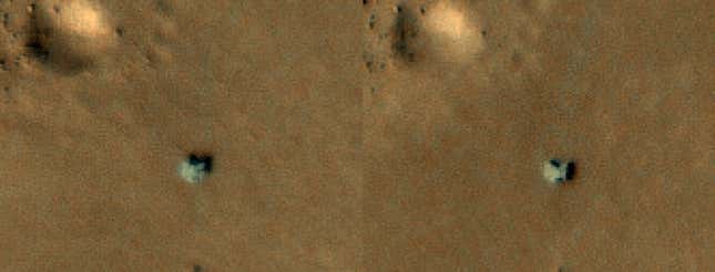 Close-up views of the rover in September 2022 (left) and February 2023 (right). The most recent view of the rover appears a bit lighter, suggestive of dust collecting on its surface.