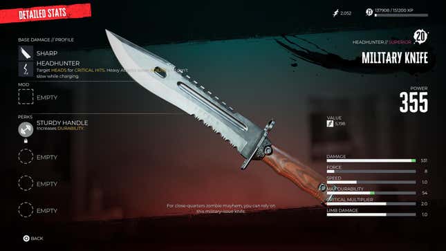 A military knife is displayed in the Dead Island 2 inventory.