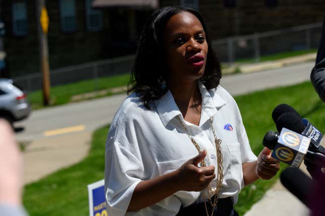 PITTSBURGH, PA - MAY 17: Pennsylvania Democratic Congressional candidate, state Rep. Summer Lee talks to the press outside her polling station at the Paulson Recreation Center after voting with Pittsburgh Mayor Ed Gainey on May 17, 2022, in Pittsburgh, Pennsylvania.
