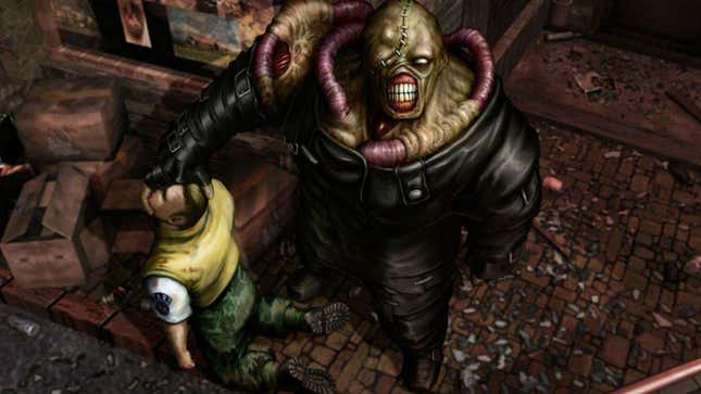 The Nemesis enemy from RE3 grabbing a man by his head and looking up. 