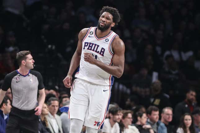 Apr 20, 2023; Brooklyn, New York, USA; Philadelphia 76ers center Joel Embiid (21) grimaces during game three of the 2023 NBA playoffs against the Brooklyn Nets at Barclays Center.