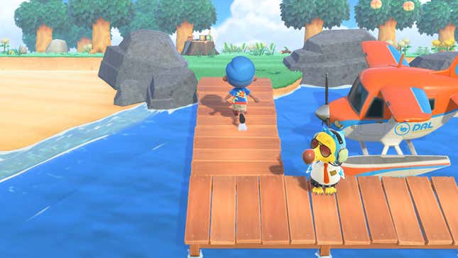 A villager walks on a dock toward an island while a bird wearing aviator lens stands on said dock in Animal Crossing New Horizons.