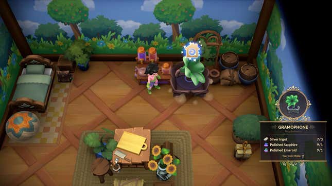 A Fae Farm character decorates their room.