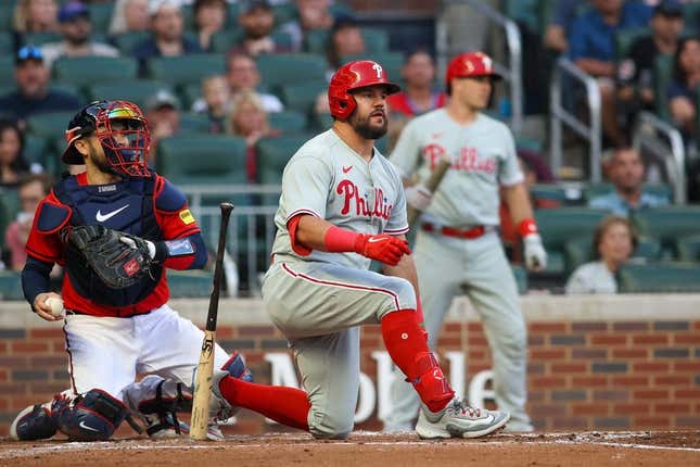 May 26, 2023; Atlanta, Georgia, USA; Philadelphia Phillies designated hitter Kyle Schwarber (12) reacts after striking out against the Atlanta Braves in the third inning at Truist Park.