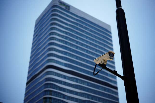 A surveillance camera is seen in front of an office building, where the office of Capvision is located, in Shanghai, China.