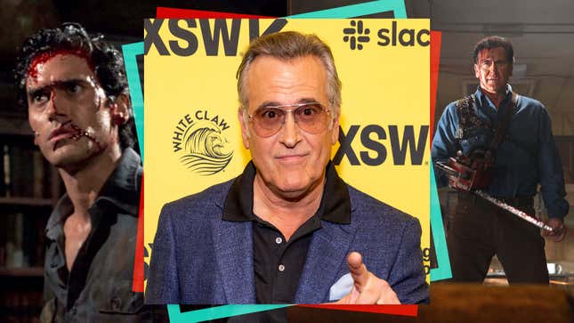 Left: Bruce Campbell in Evil Dead 2 (Screenshot: De Laurentiis Entertainment Group/YouTube); Center: Campbell attends the Evil Dead Rise premiere at SXSW on March 15, 2023; Right: Campbell in Ash Vs. Evil Dead (Photo: Starz)