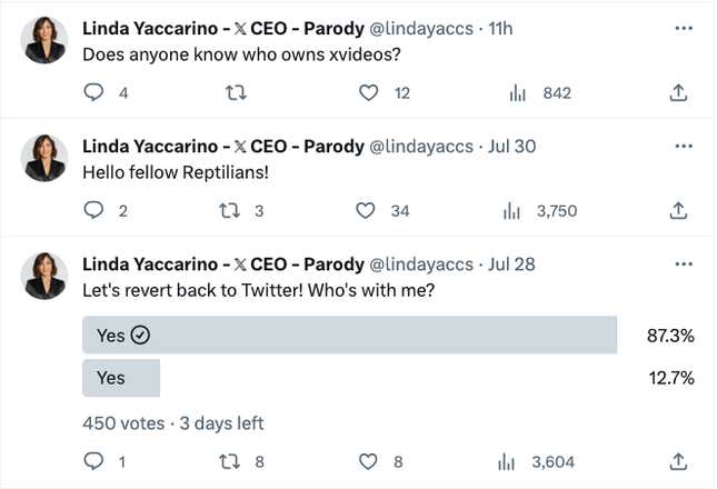 Tweets from the parody account reading "Does anyone know who owns xvideos?" "Hello fellow reptilians!" and a poll asking "Let's revert back to Twitter! Who's with me?" where both options are "yes."