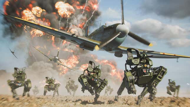 Warplanes fly over an explosive battlefield filled with four-legged robots.
