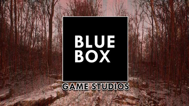 The Blue Box Game Studios logo in front of some trees from Abandoned. 