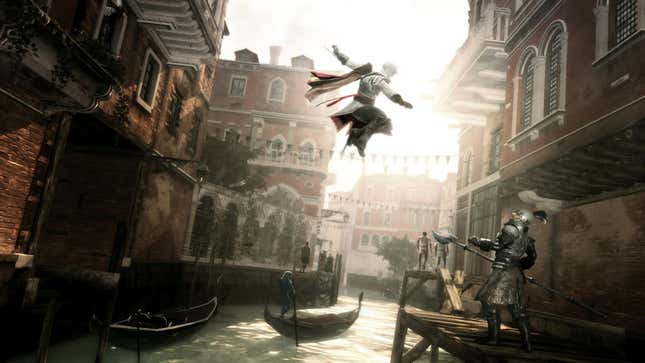 A hooded assassin leaps across a river towards a man in armor from Assassin's Creed II. 