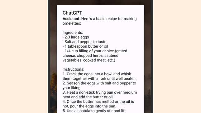 ChatGPT showing an omelette recipe