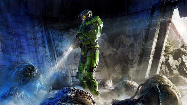 In concept art Master Chief casts a light over what appear to be Flood-related remnants.