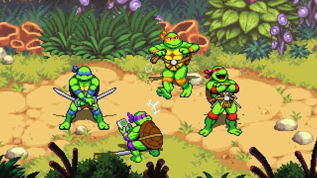 A TMNT: Shredder's Revenge image of the four turtles taunting.