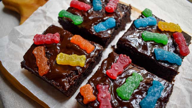 Brownies with ganache frosting and Sour Patch Kids on top