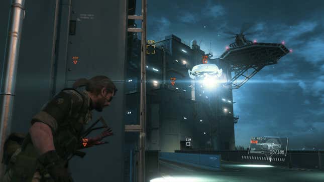 Venom Snake peers around a corner to see a surveilance drone shining a light. 