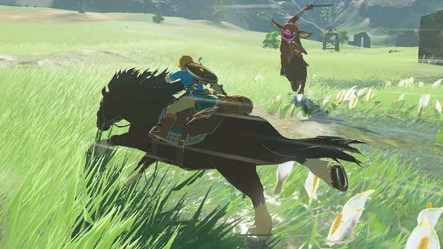 Link fights a foe while on horseback in Breath of the Wild.