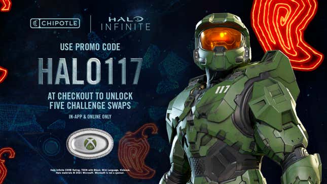 Master Chief stands next to some peppers in a Chipotle advertisement for Halo Infinite.