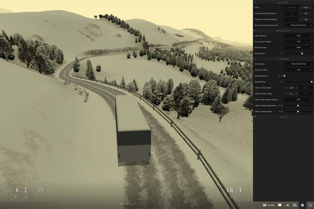 El menú de la derecha muestra algunas de las configuraciones que puede modificar.  ¿Alguna vez has querido estar al mando de un súper autobús de tracción trasera con un freno de emergencia que bloquea el eje trasero para facilitar el derrape?  Slow Roads lo hace posible!