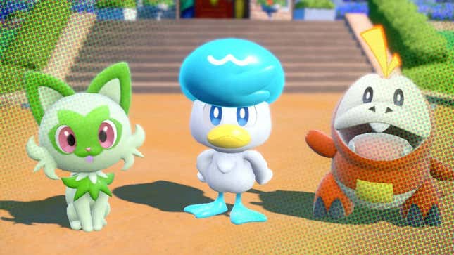 A screenshot shows the three starter Pokémon from Violet and Scarlet.