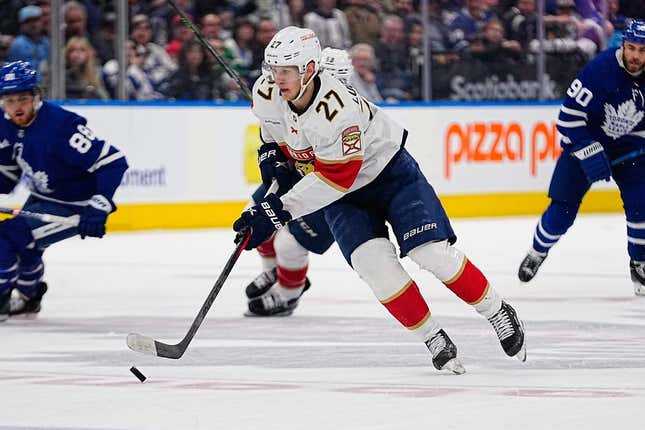 May 4, 2023; Toronto, Ontario, CANADA; Florida Panthers forward Eetu Luostarinen (27) carries the puck against the Toronto Maple Leafs during game two of the second round of the 2023 Stanley Cup Playoffs at Scotiabank Arena.