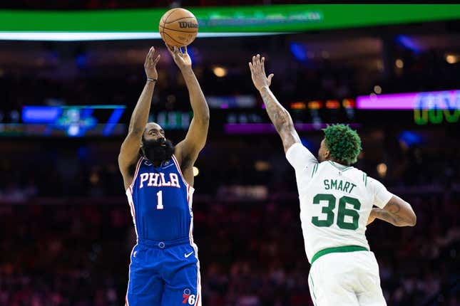 May 11, 2023; Philadelphia, Pennsylvania, USA; Philadelphia 76ers guard James Harden (1) shoots past Boston Celtics guard Marcus Smart (36) during the second quarter in game six of the 2023 NBA playoffs at Wells Fargo Center.