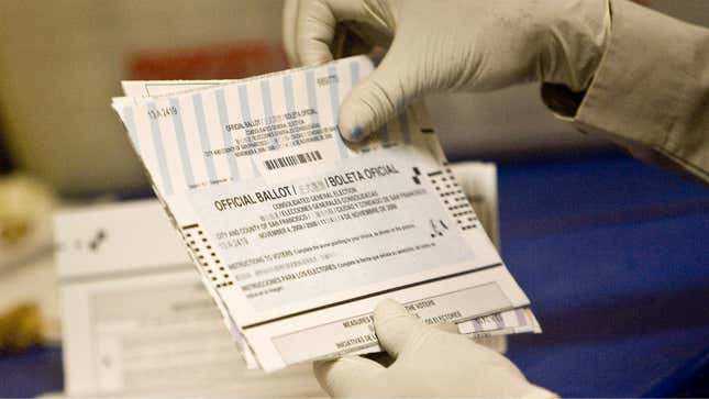 In the 2008 US presidential election, 400,000 absentee ballots were discarded for being improperly submitted.