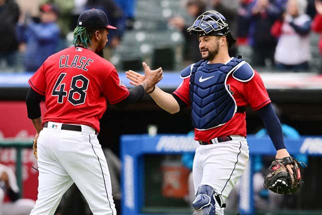 Apr 23, 2023; Cleveland, Ohio, USA; Cleveland Guardians relief pitcher Emmanuel Clase (48) celebrates with catcher Mike Zunino (10) after the Guardians beat the Miami Marlins at Progressive Field.