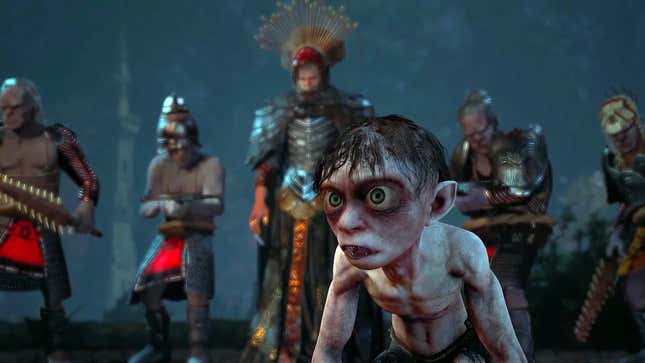 Gollum stands with some soldiers behind him in The Lord of the Rings: Gollum.