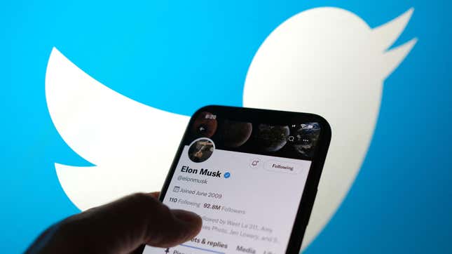 A phone showing Elon Musk's Twitter profile is seen against Twitter's blue bird logo.