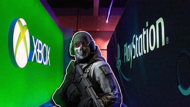 Art shows a Call of Duty operative standing in-between Xbox and PlayStation logos.