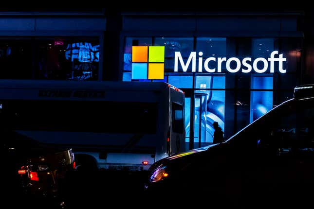 A signage of Microsoft is seen on March 13, 2020 in New York City. 