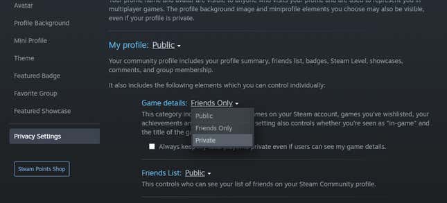 Steam’s profile privacy settings