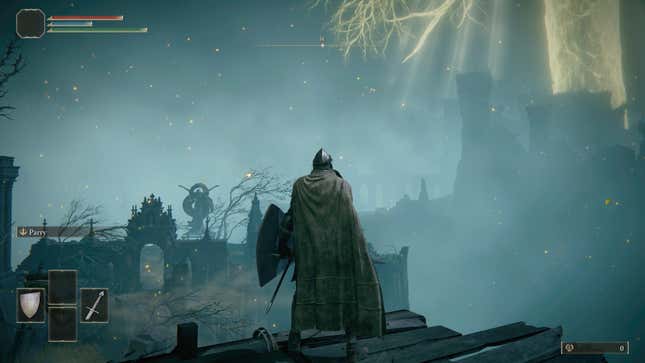 A fantasy warrior looks out over a fog-covered landscape.