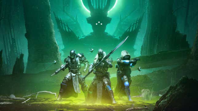 A group of Guardians stand, weapons drawn, while the Hive Queen looms behind them.
