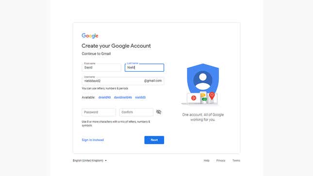 Google will want a few details from you.