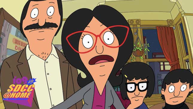 The Belcher family looking into a fisheye lens.