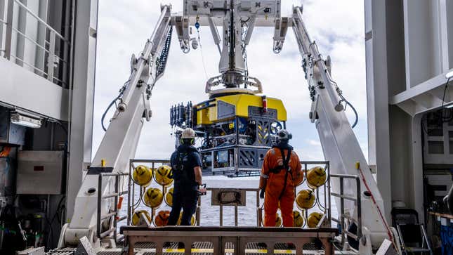 The vents were mapped using a robot known as a remotely operated vehicle, or ROV. In this photo, the ROV, dubbed SuBastian, is pulled out of the water after being in the ocean for 13 hours. The ROV was connected by a cord to the ship, allowing it to stay plugged into power and trasmit video.