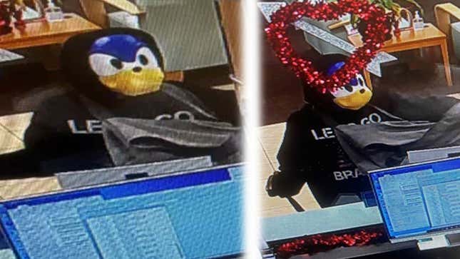 Two images of a bank robber wearing a Sonic mask as seen in security cam footage. 