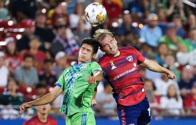 Sep 16, 2023; Frisco, Texas, USA;  Seattle Sounders forward Jordan Morris (13) and FC Dallas midfielder Paxton Pomykal (19) go for the ball during the first half at Toyota Stadium.