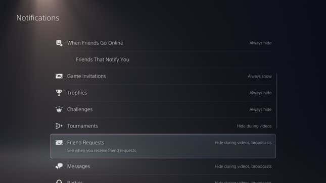 A screen showing different notification types for the PlayStation 5, with options for when they appear.