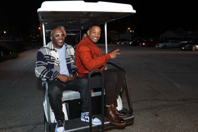 (L-R) DJ Jazzy Jeff and Will Smith attend Peacock’s new drama series “Bel-Air” Los Angeles Drive-Into Experience &amp; Pull-up Premiere Screening at Barker Hangar on February 09, 2022 in Santa Monica, California. (Photo by Rich Fury/Getty Images for Peacock)