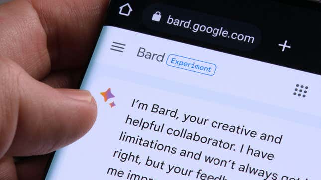 Google Bard AI chatbot. Real example of chat bot seen on the screen of a phone.