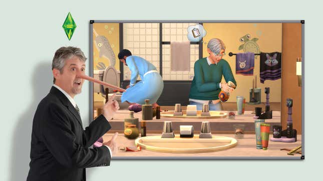 A man with a long nose and a Sims diamond floating over his head points emphatically at a board displaying The Sims 4 Bathroom Clutter Kit.