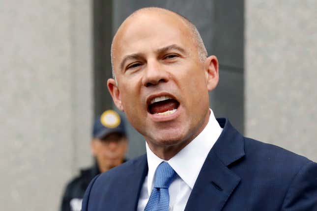 FILE - Michael Avenatti makes a statement to the press as he leaves federal court in New York, July 23, 2019. A federal appeals court on Wednesday, Aug. 30, 2023, upheld Avenatti&#39;s conviction for plotting to extort up to $25-million from shoe giant Nike – one of several legal messes that have landed him behind bars. (AP Photo/Richard Drew, File)